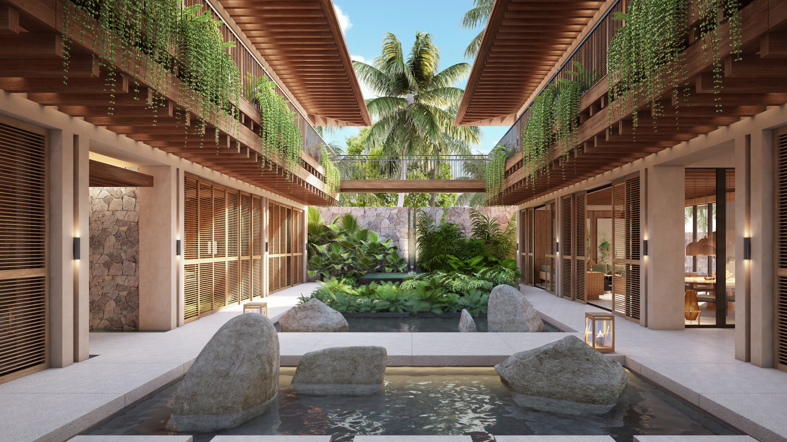 Beachfront Villa_Rendering_Courtayrd with fountain and greenery 